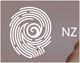A white fingerprint with a spiral design on a gray background, with the letters 'NZ' to the right.