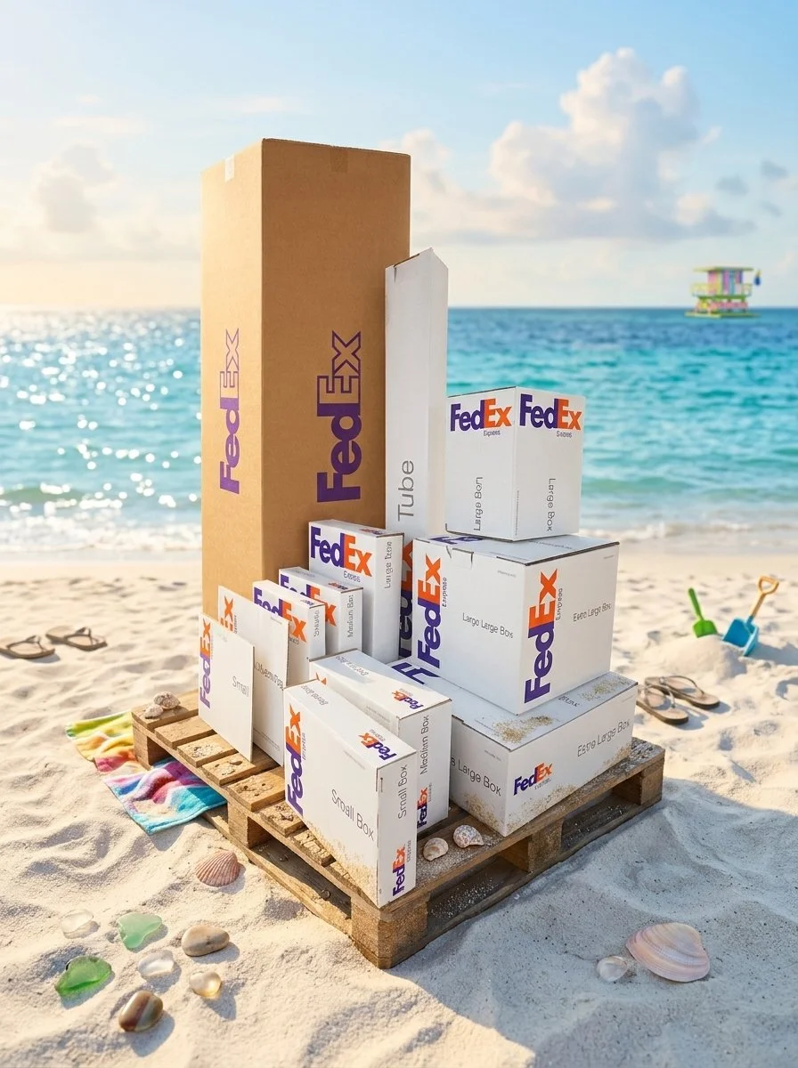 Stack of FedEx boxes on a wooden pallet at the beach, surrounded by seashells and toys, with the ocean and a lifeguard stand in the background.