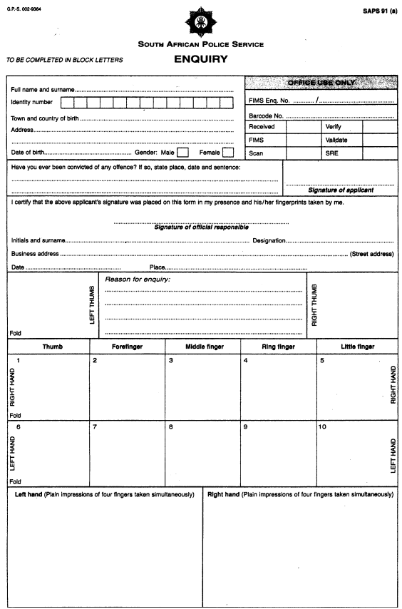 South African Police Service enquiry form for fingerprinting, with sections for personal details, official use, fingerprint placement, and reasons for the enquiry.