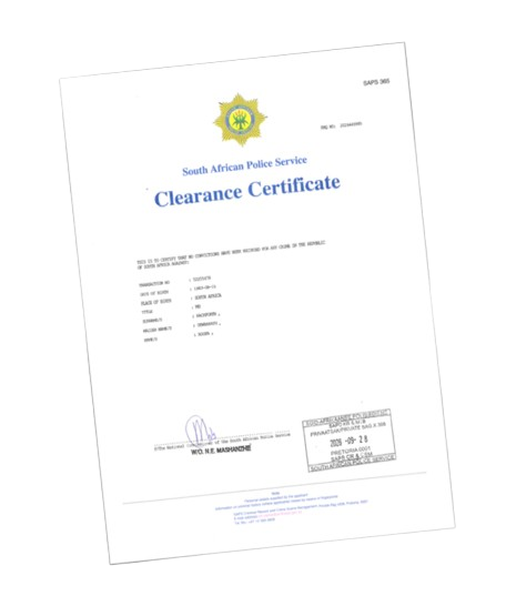 South African Police Service clearance certificate with official seal, signature, and date.