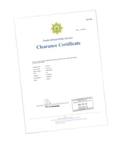 South African Police Service clearance certificate document.