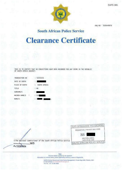 South African Police Service Clearance Certificate with official seals and signatures.