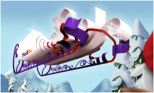 A FedEx delivery sleigh flying in the sky with a snowy mountain background.