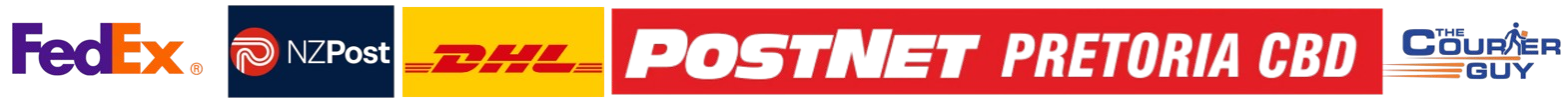 Logos of FedEx, NZ Post, DHL, POSTNET Pretoria CBD, and Courier Guy