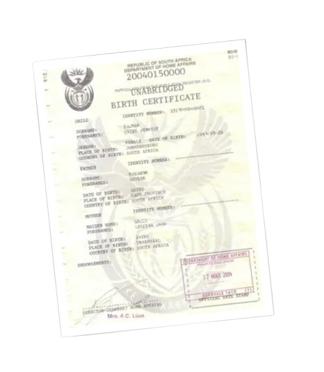 South African unabridged birth certificate with official stamp dated March 17, 2009, and a watermark of the national emblem in the background.