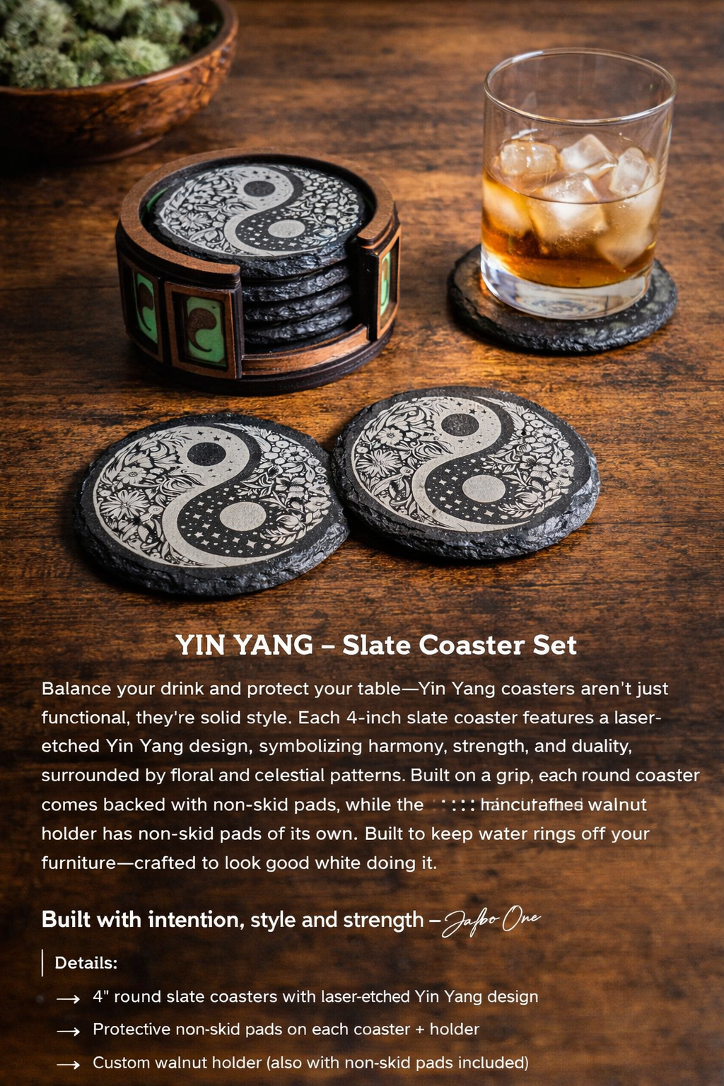 YIN YANG – Slate Coaster Set with Walnut Holder
