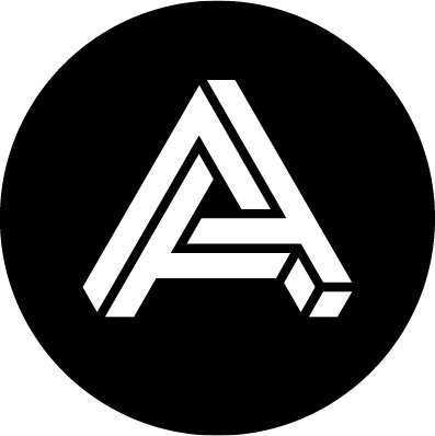 A black circle with a white stylized geometric letter A logo inside