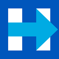 Blue square sign with a white cross and a large blue arrow pointing to the right.