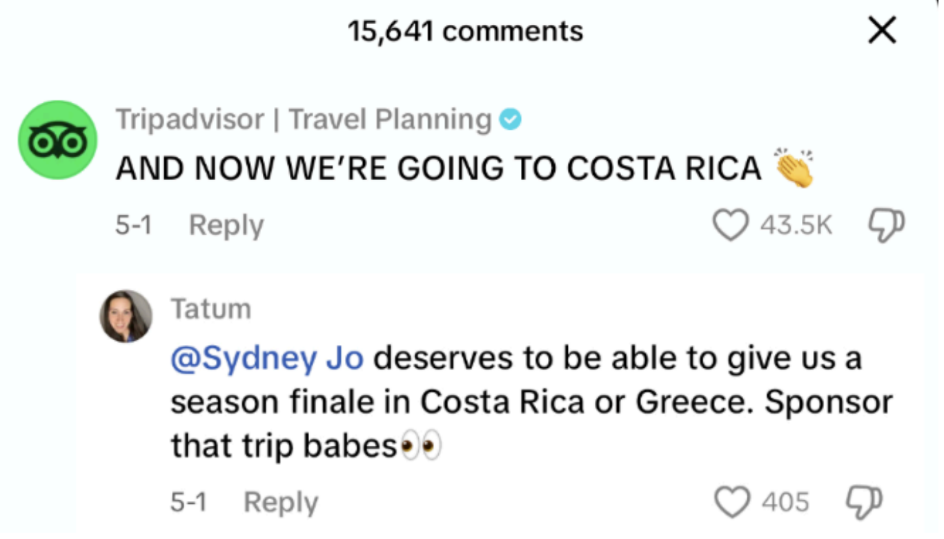 Screenshot of a comment thread on a social media platform with a travel-related post. The top comment announces a trip to Costa Rica, and the reply suggests a trip to Costa Rica or Greece with a humorous tone.