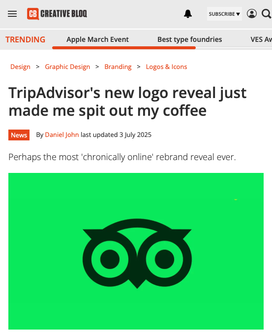 TripAdvisor's new logo, featuring a stylized owl face in black on a bright green background.