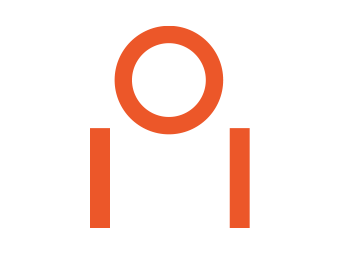 A stylized orange icon with a circle above and vertical parallel lines below on a black background.