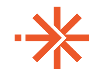 An abstract geometric design featuring a central arrow pointing right, surrounded by lines and shapes in orange.