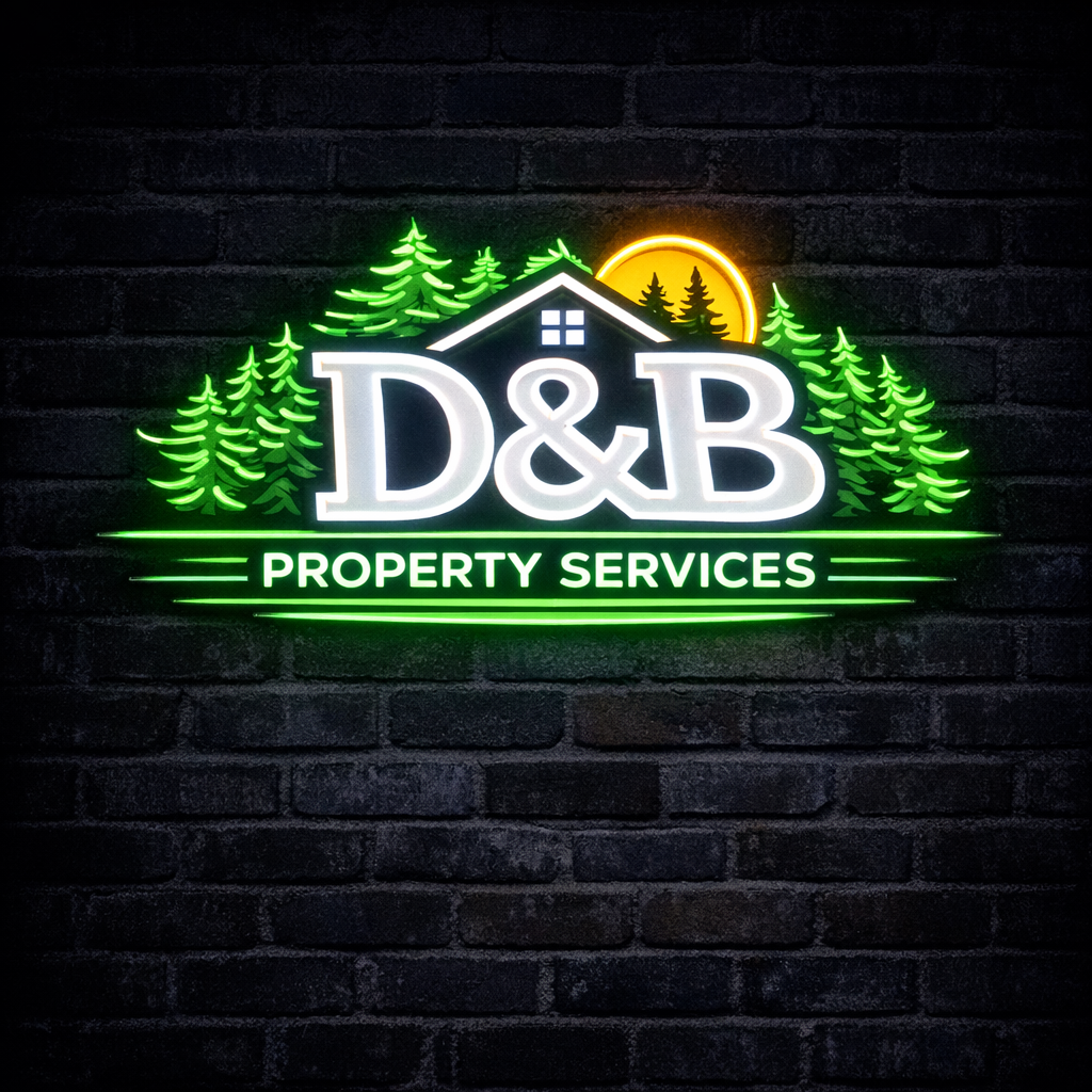 Neon sign for D&B Property Services featuring trees, a house, and a sun against a dark brick wall.