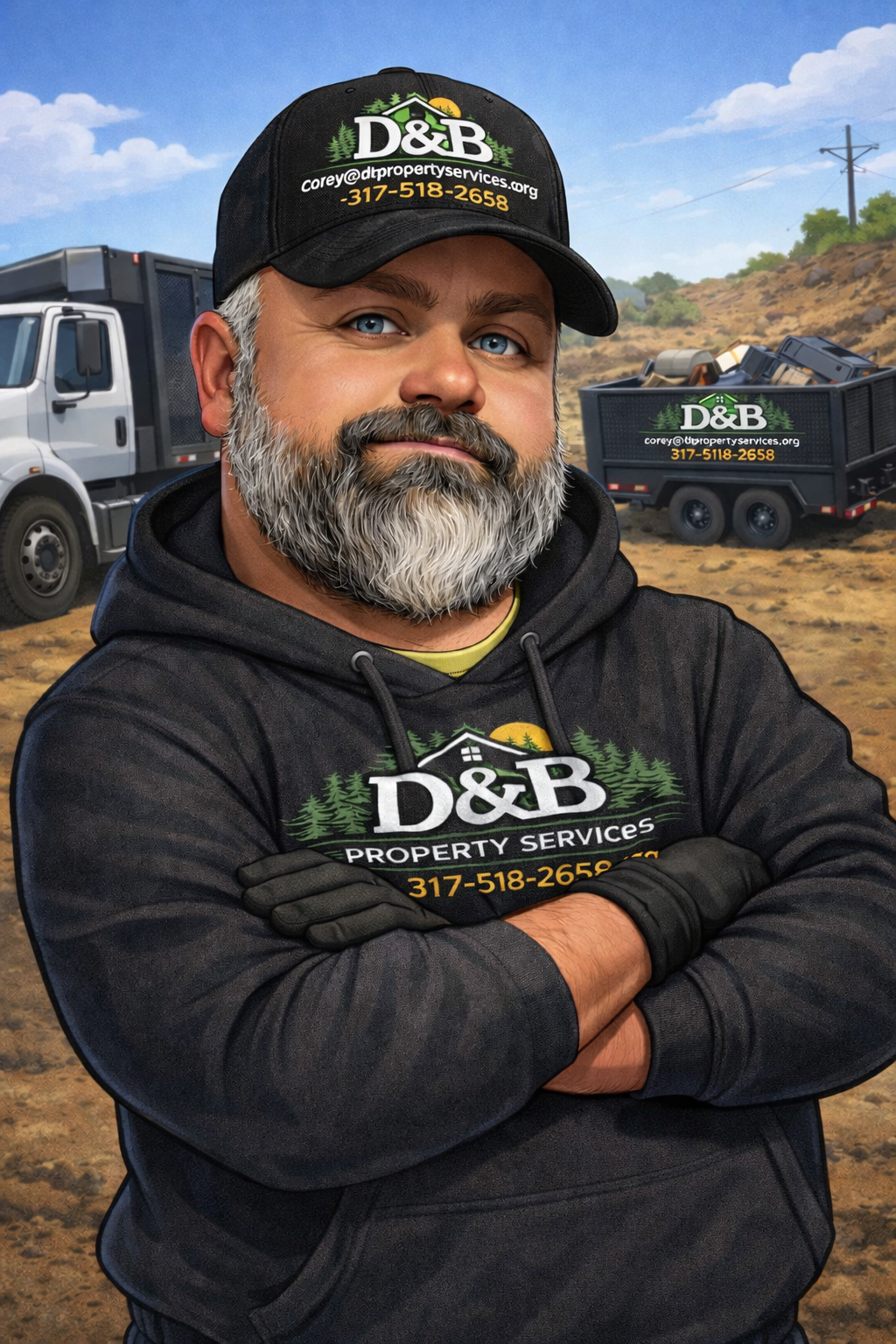 A man with a gray beard and blue eyes wearing a black D&B Property Services hoodie and cap, standing with arms crossed, with trucks and a trailer in the background on a dirt area with a partly cloudy sky.