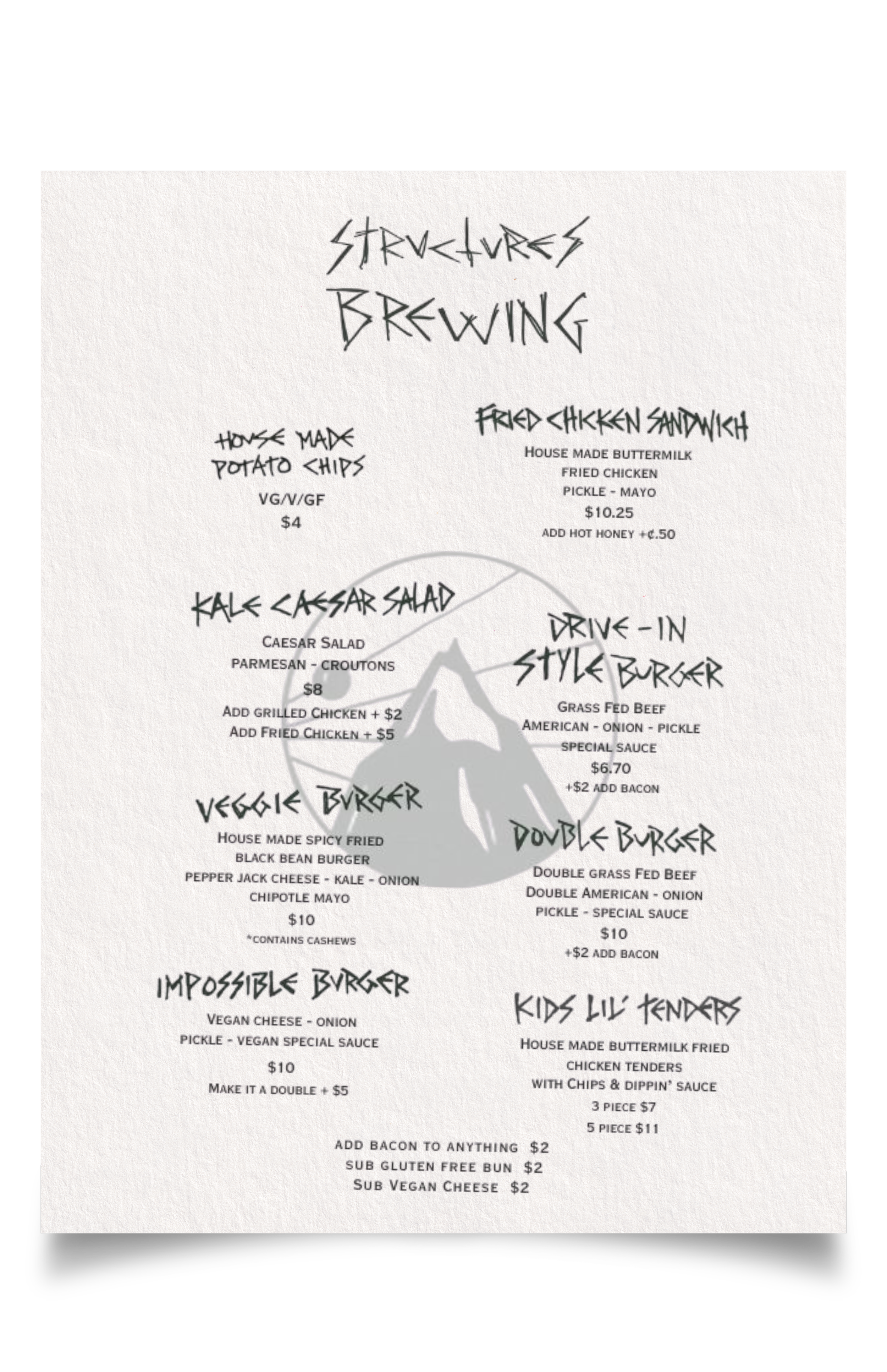 Menu titled 'Structures Brewing' featuring various food options including house-made potato chips, fried chicken sandwich, kale Caesar salad, Veggie burger, Double burger, Impossible burger, and Kids Lil' Tenders, with prices and descriptions.