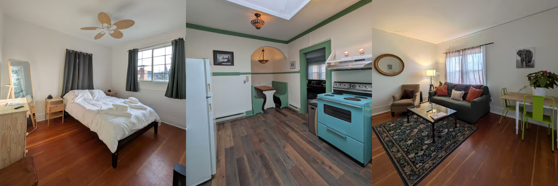 Photos of a bedroom, kitchen, and living room in a home or apartment with hardwood floors and light-colored walls.