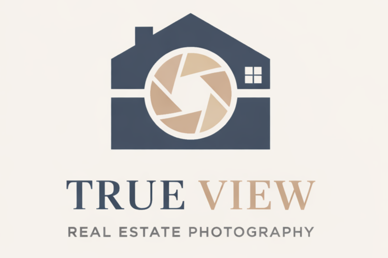 Logo of True View Real Estate Photography featuring a house with a camera shutter inside it and the company's name.