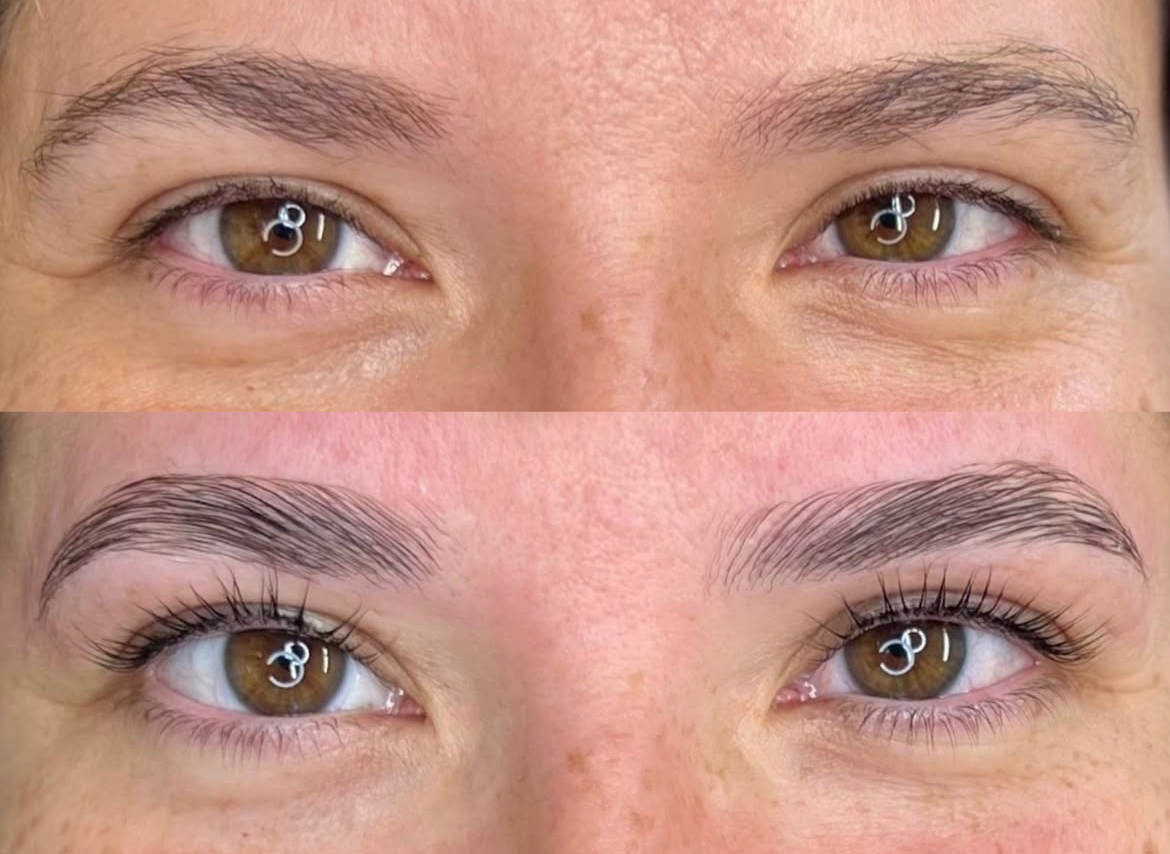Close-up of a person's eyes before and after eyebrow grooming, showing the eyebrows more defined after grooming.