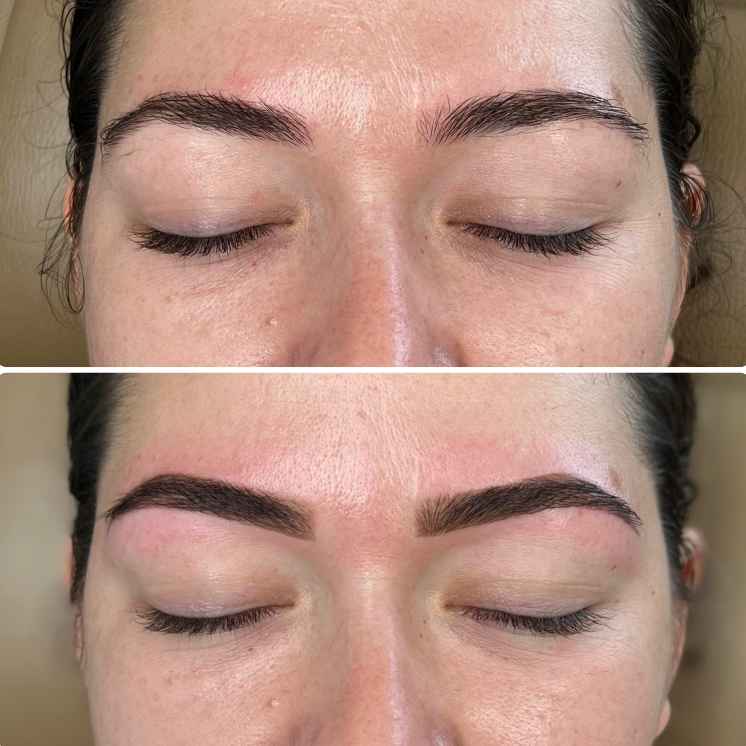 Close-up of a woman's face showing before and after eyebrow microblading or tattooing. The top image shows natural, sparse eyebrows, and the bottom image displays full, well-defined, and shaped eyebrows.