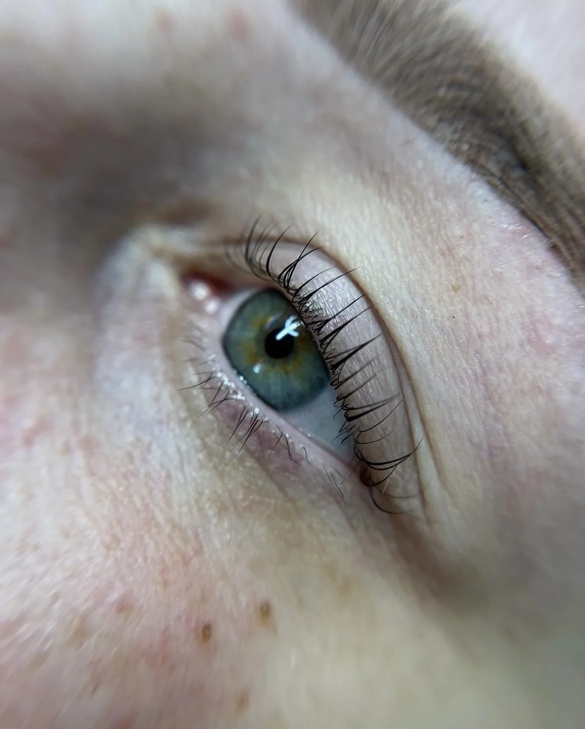 Close-up of a human eye with greenish-blue iris, brown eyelashes, and surrounding skin