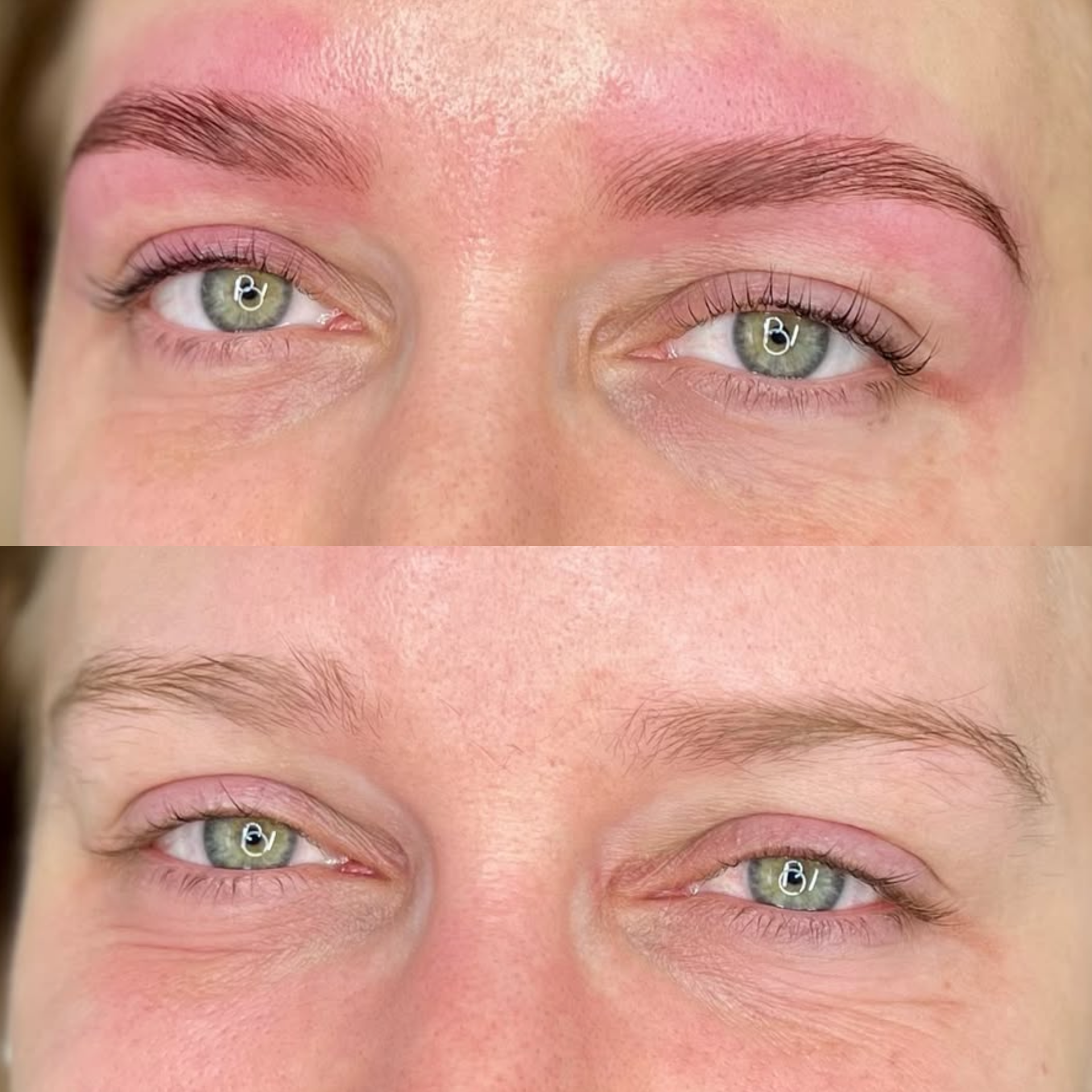 Close-up of a woman's eyes showing before and after eyelash lifting and tinting, with the top image displaying more prominent eyelashes and the bottom showing natural lashes.