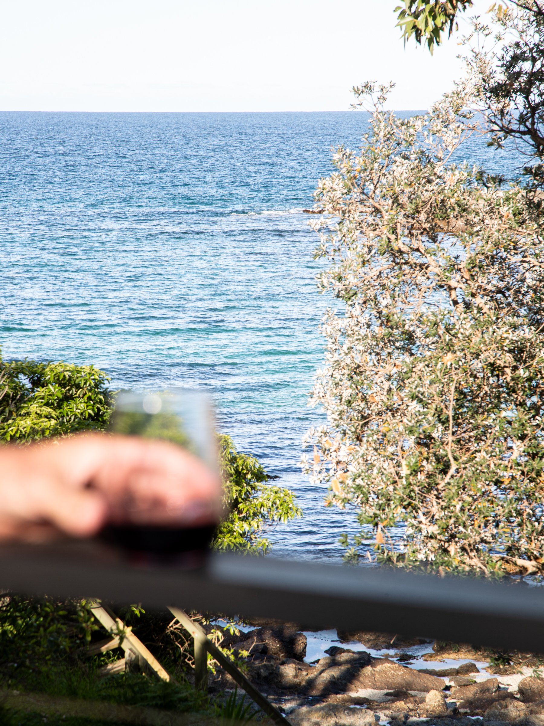 View of the ocean with blue water and white shoreline, surrounded by trees and vegetation.