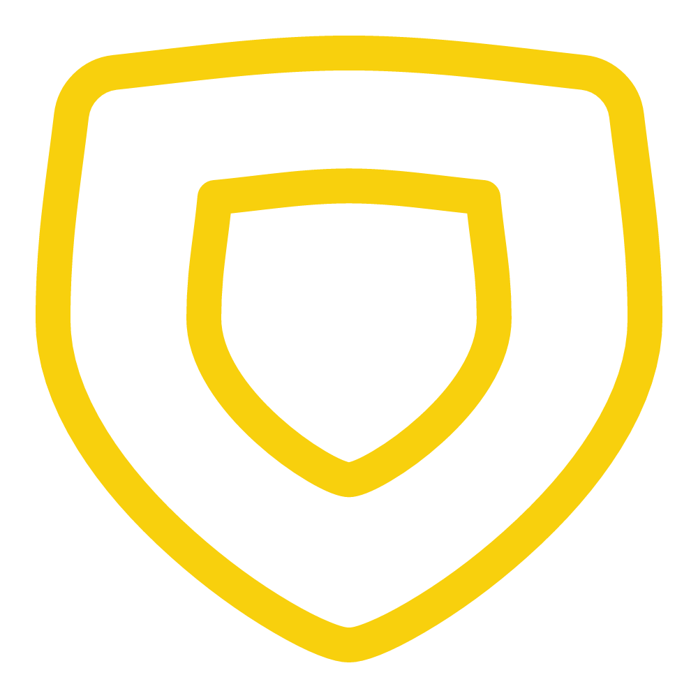 A yellow outline of a shield with a smaller shield shape inside it, on a black background.
