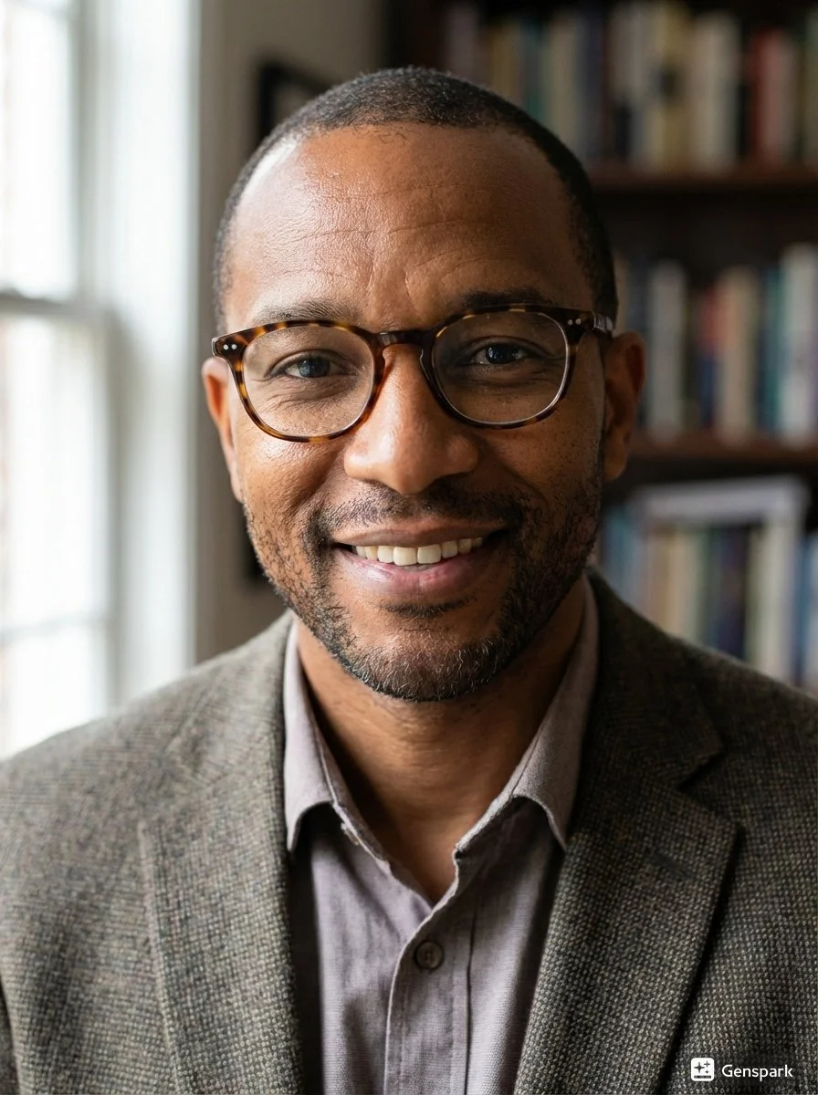 A smiling man wearing glasses and a gray blazer, indoors with bookshelves in the background.