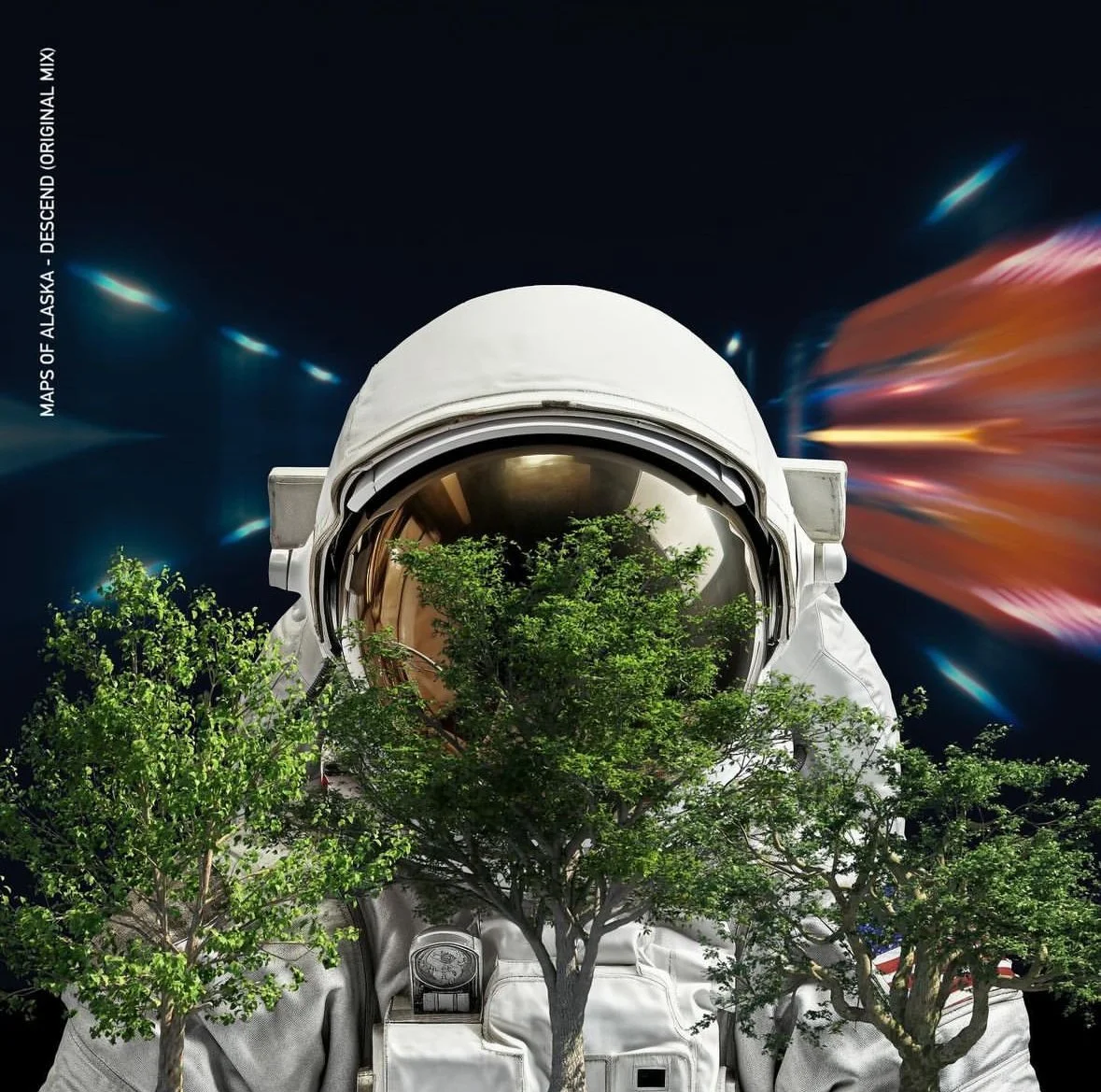 An astronaut with trees in front of him, with a backdrop of space and blurred light streaks.