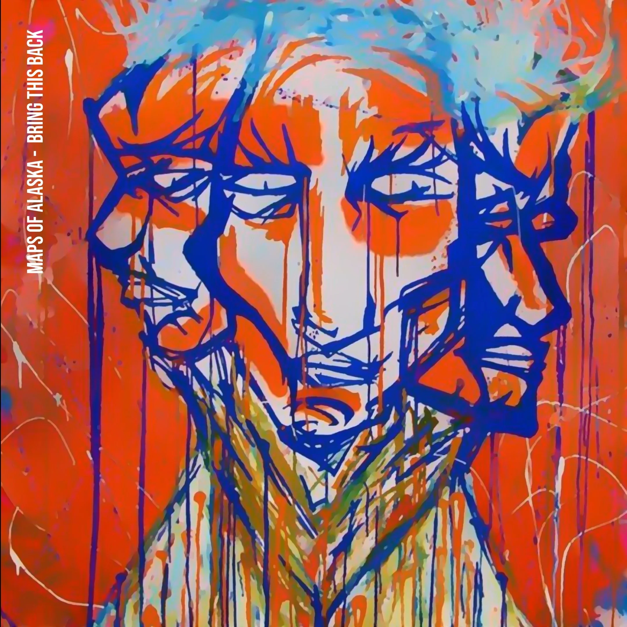 An abstract painting depicting a face with hands on the temples, painted with vibrant colors and bold, expressive strokes. The background features splashes of red, orange, blue, and green.