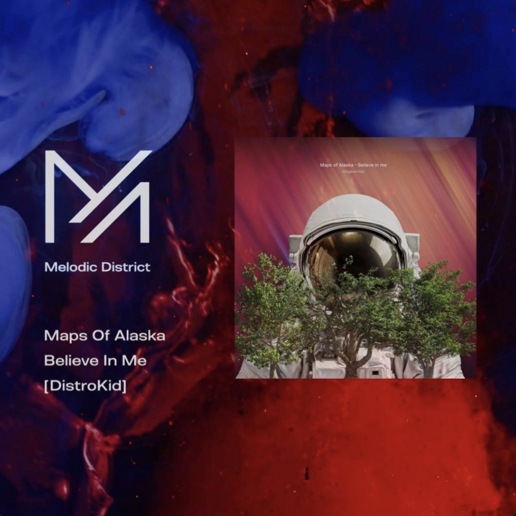 Red and blue abstract background with a logo, text reading "Melodic District," and an album cover featuring an astronaut helmet, trees, and a red background.