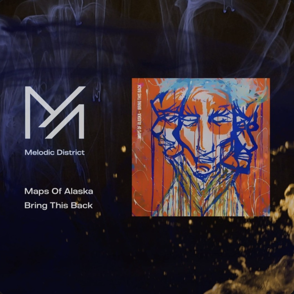 A dark background featuring a white logo of two intersecting lines and the text 'Melodic District' and 'Maps of Alaska Bring This Back'. To the right, there is an abstract, colorful illustration of a person's face with multiple overlapping expressions in shades of blue, orange, and white.