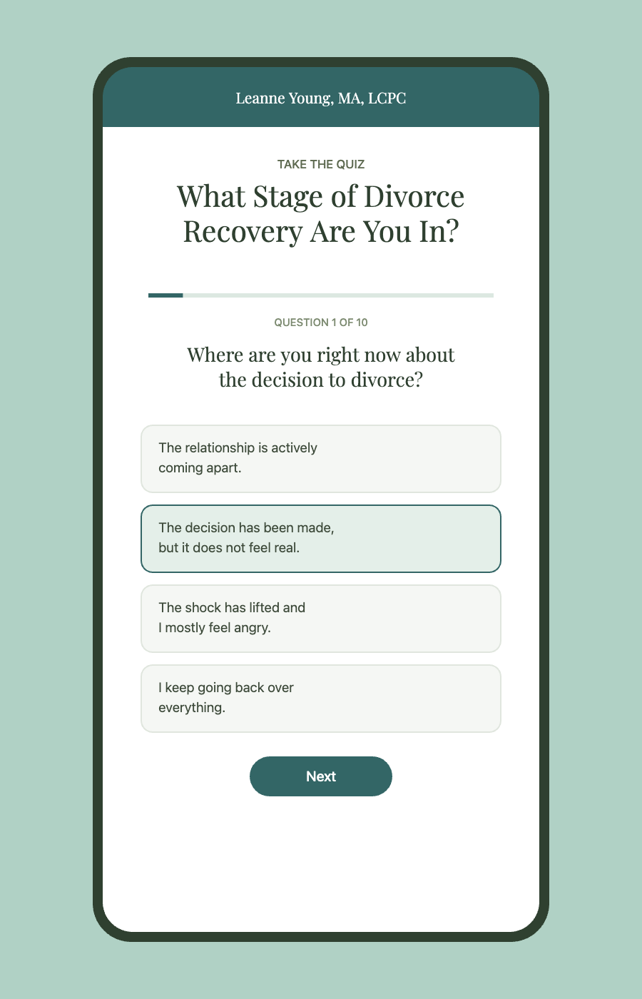 The divorce recovery quiz shown on a phone, on question one of ten