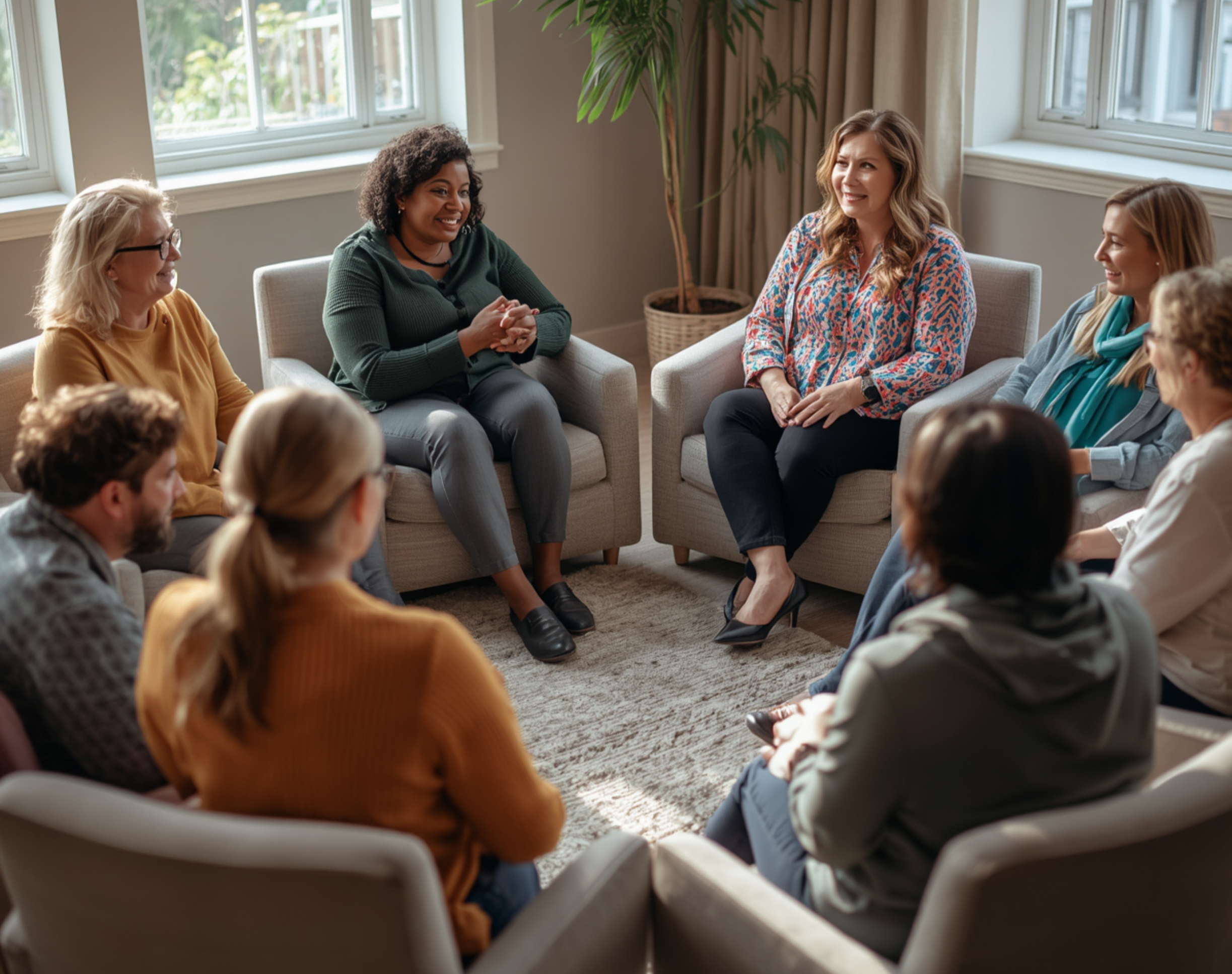 A group of people sitting in a circle in conversation
