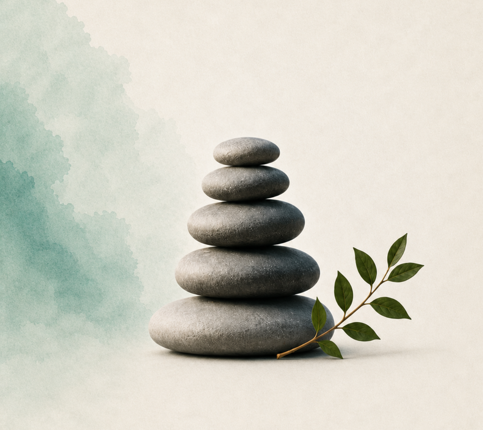 Smooth stones balanced in a stack beside a green sprig