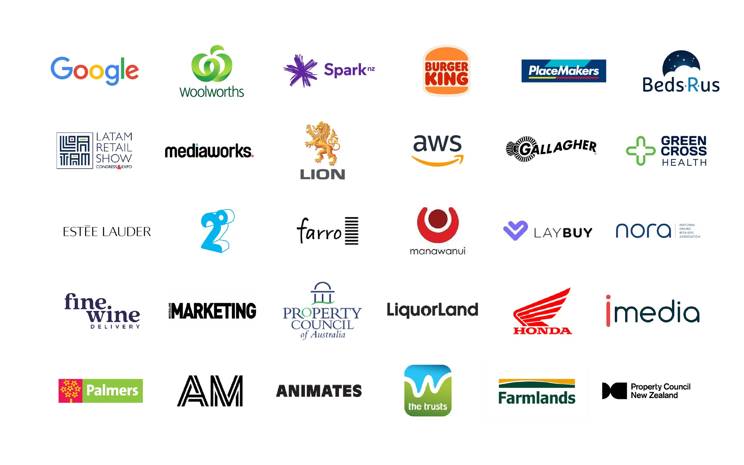 A collection of various company logos arranged in rows, including Google, Woolworths, Spark, Burger King, PlaceMakers, Beds R Us, LATAM Retail Show, mediaworks, LION, AWS, Gallagher, Green Cross Health, Estée Lauder, 2, farro, manawanui, Laybuy, nora, fine wine, marketing, Property Council of Australia, LiquorLand, Honda, i media, Palmers, AM, Animates, the trusts, Farmlands, Property Council New Zealand.