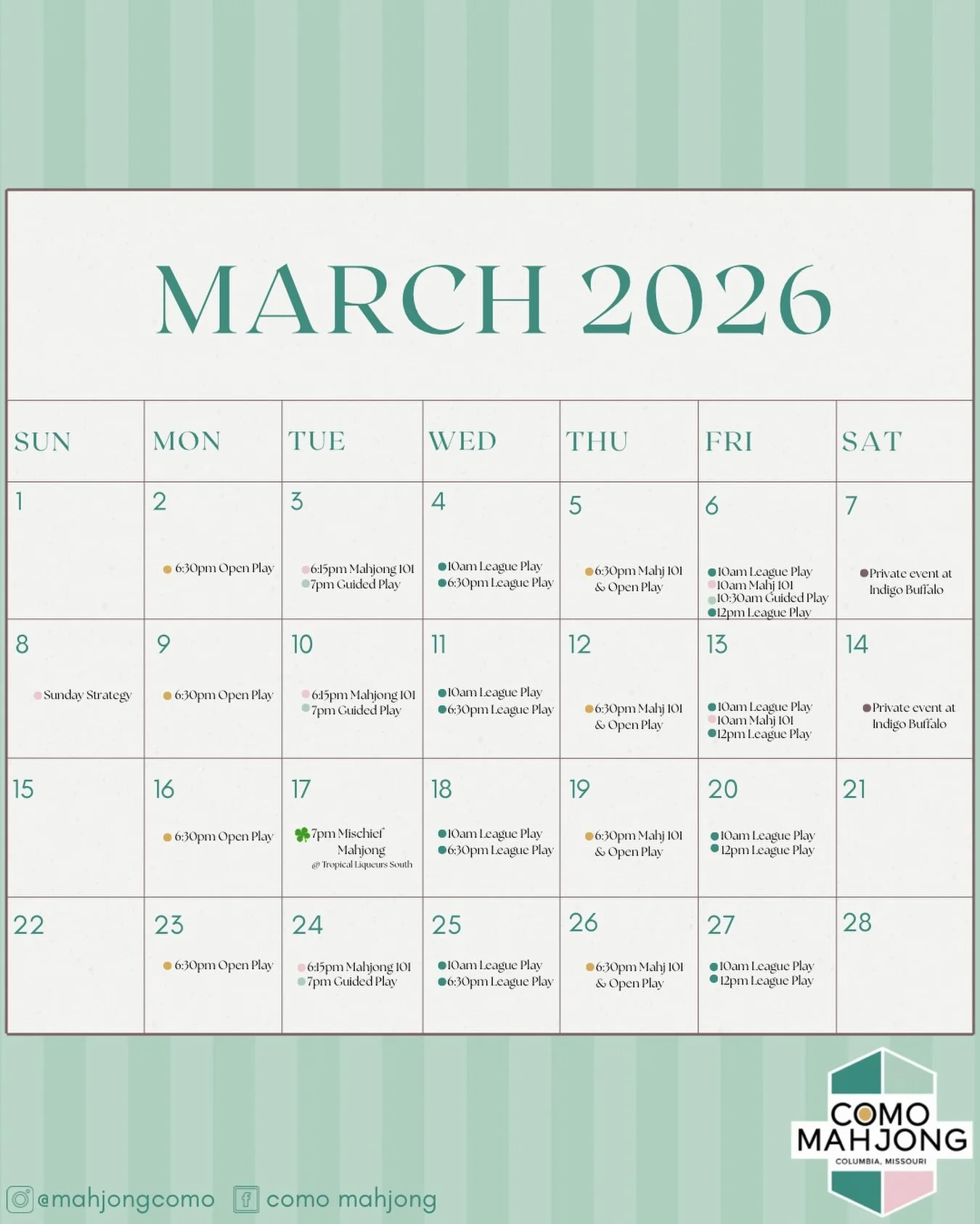 Our March calendar is here, and we have so many fun ways to play this month! Whether you&rsquo;re brand new to Mahjong or looking for more time at the table, there&rsquo;s something for everyone.

Beginner Lessons &mdash; learn the game in a fun, wel