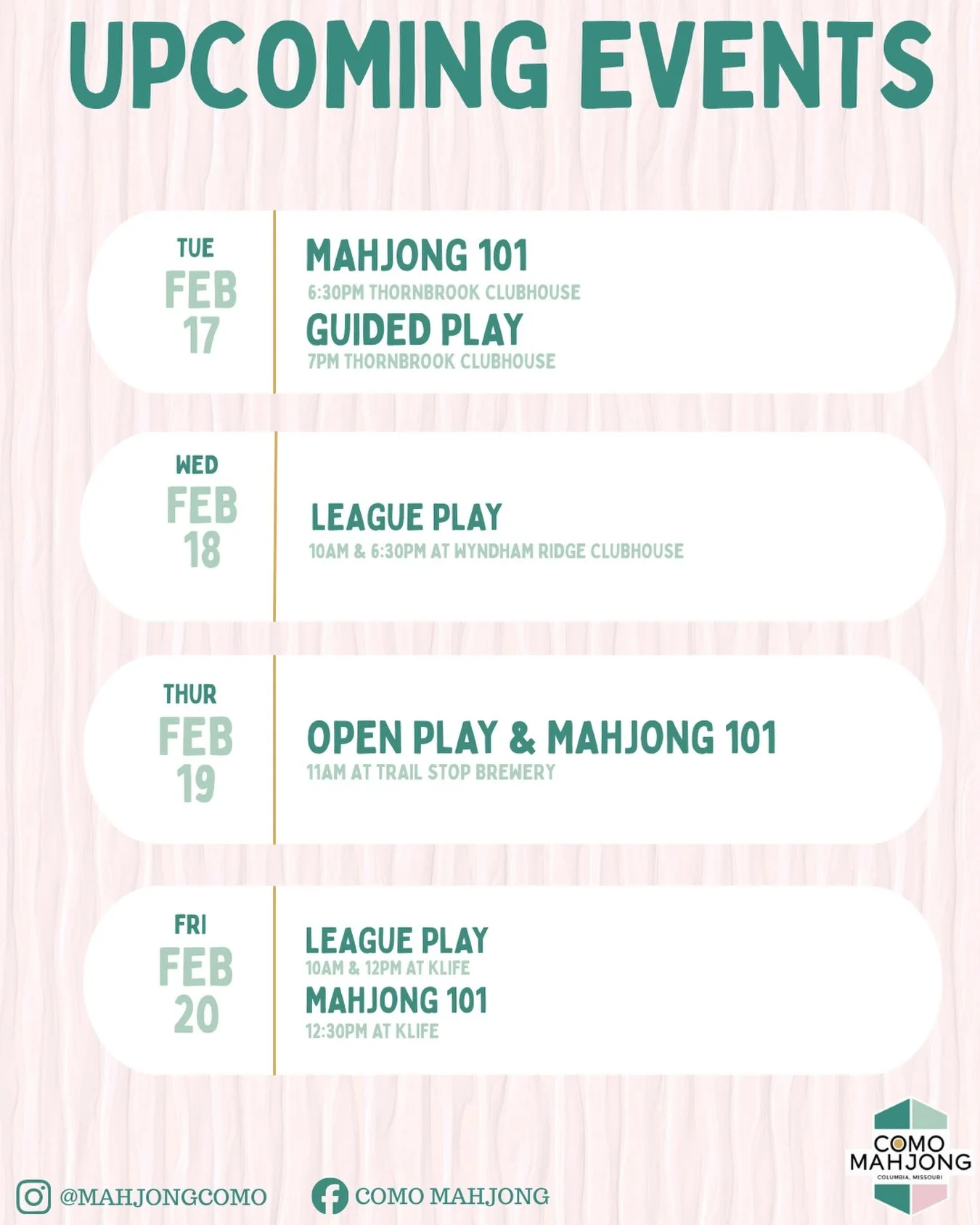 Lots of opportunities to play this week ✨

Beginner lessons, guided play, and open play, whether you&rsquo;re learning the tiles or sharpening your strategy, there&rsquo;s a seat waiting for you.

Sign up at the link in bio 🤍