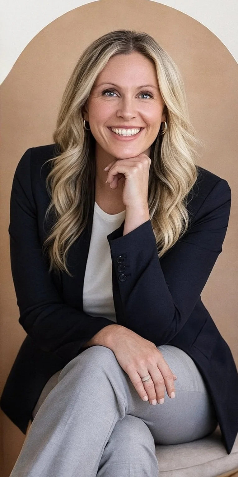 A smiling woman with long blonde hair, wearing a black blazer and light gray pants, sitting with her chin resting on her hand against a beige background.