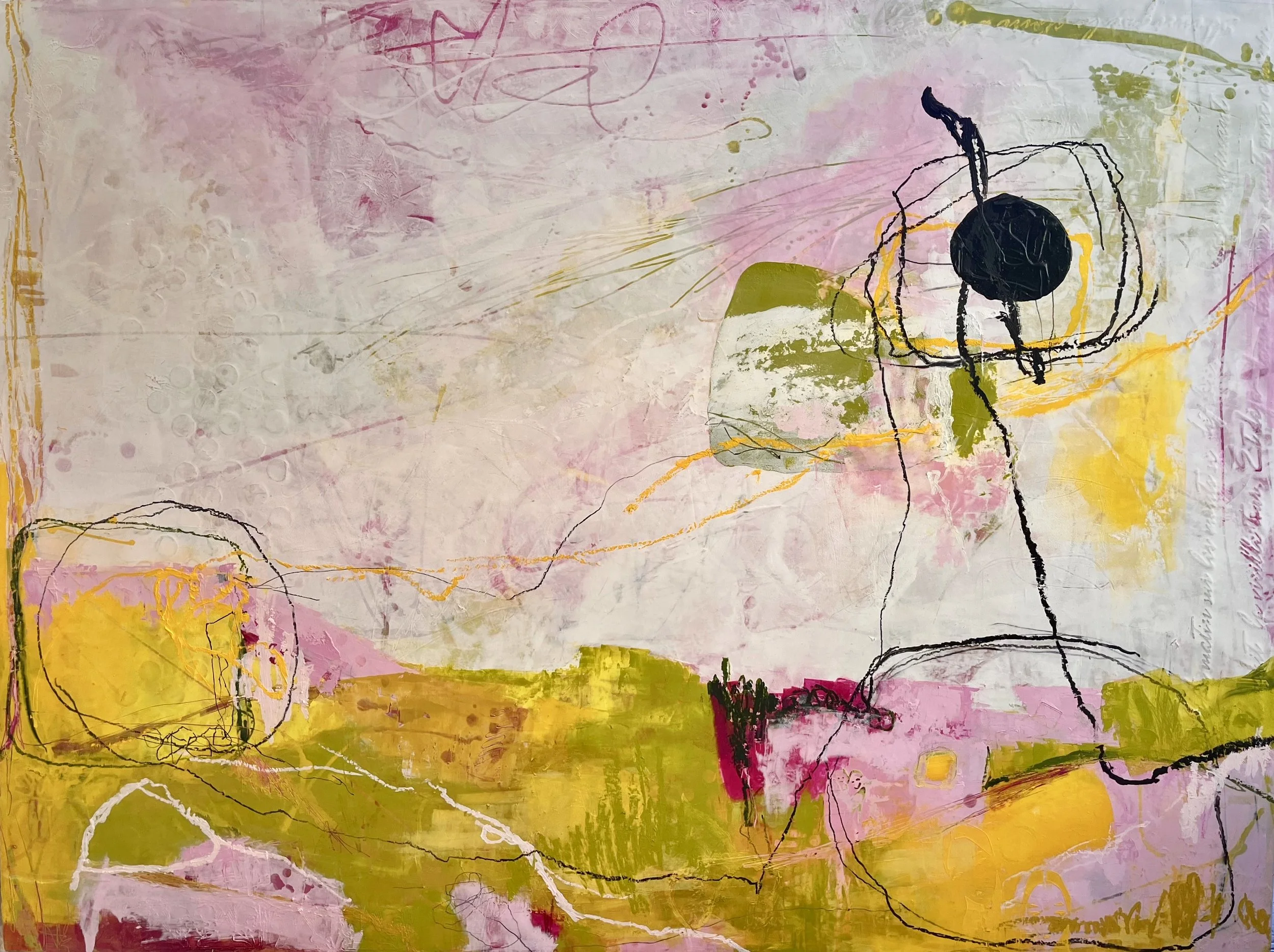 Field notes from elsewhere, oil and cold wax on wooden cradleboard, 30x40x1.5"