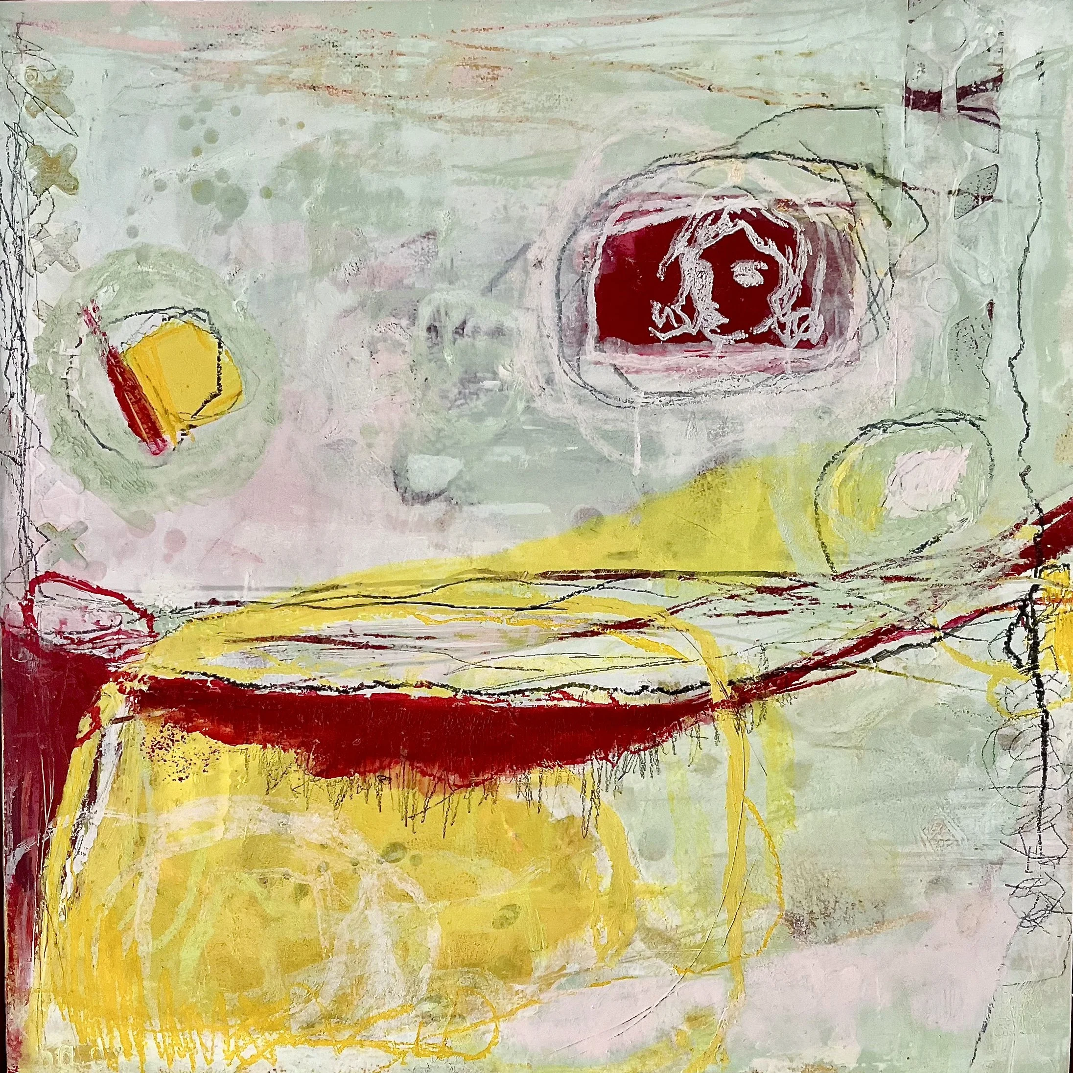 So very far, 2025, oil and cold wax on wooden cradleboard, 12x12x1.5"