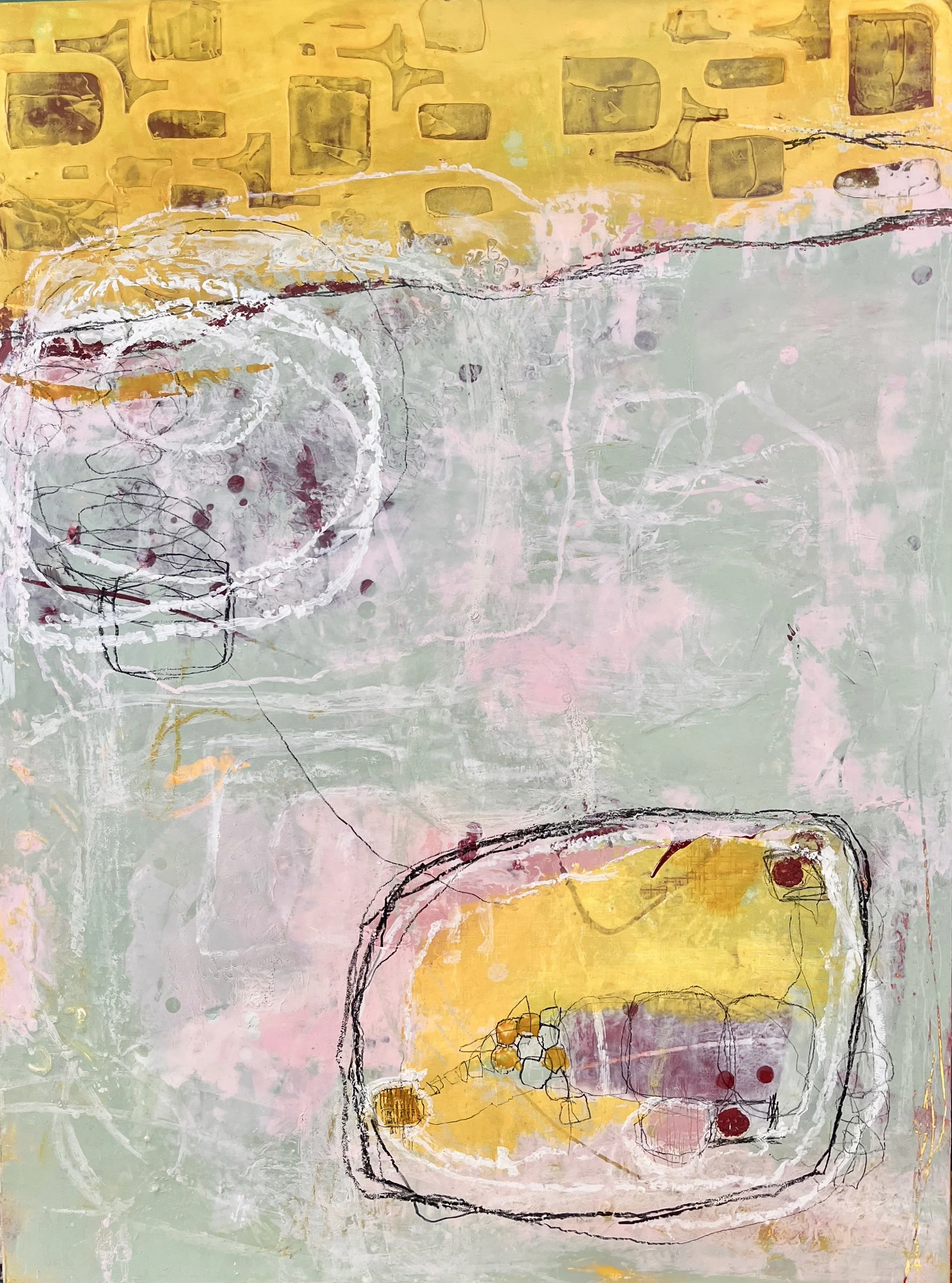 Memories in flight, 2026, oil and cold wax on wooden cradleboard, 18x24x1.5"