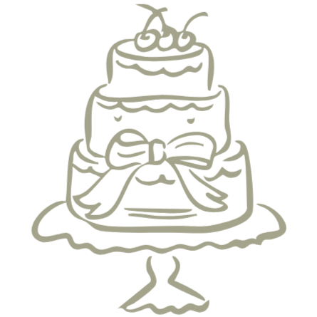 Line drawing of a three-tiered birthday cake with cherries and candles, decorated with a bow, on a cake stand.