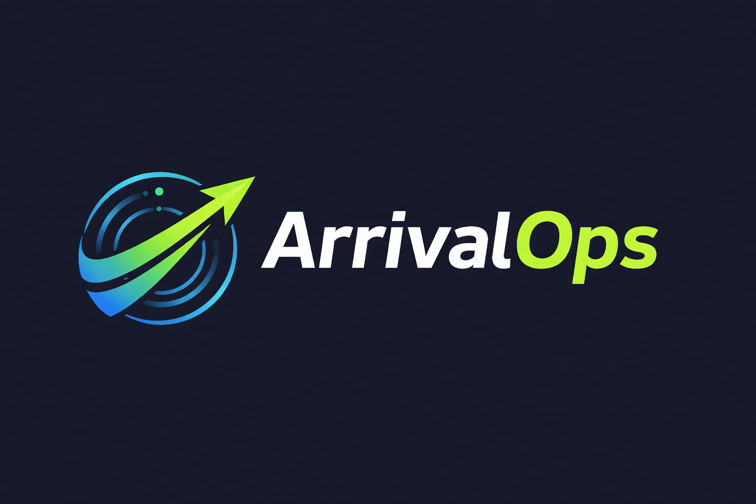 A logo with a circular design featuring a green and blue arrow pointing upward, next to the text 'ArrivalOps' with 'Arrival' in white and 'Ops' in bright green, on a dark background.