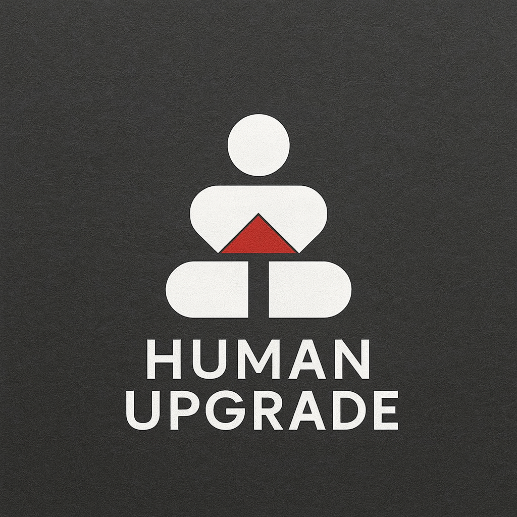 A stylized human figure composed of geometric shapes with the words "HUMAN UPGRADE" below it on a dark background.