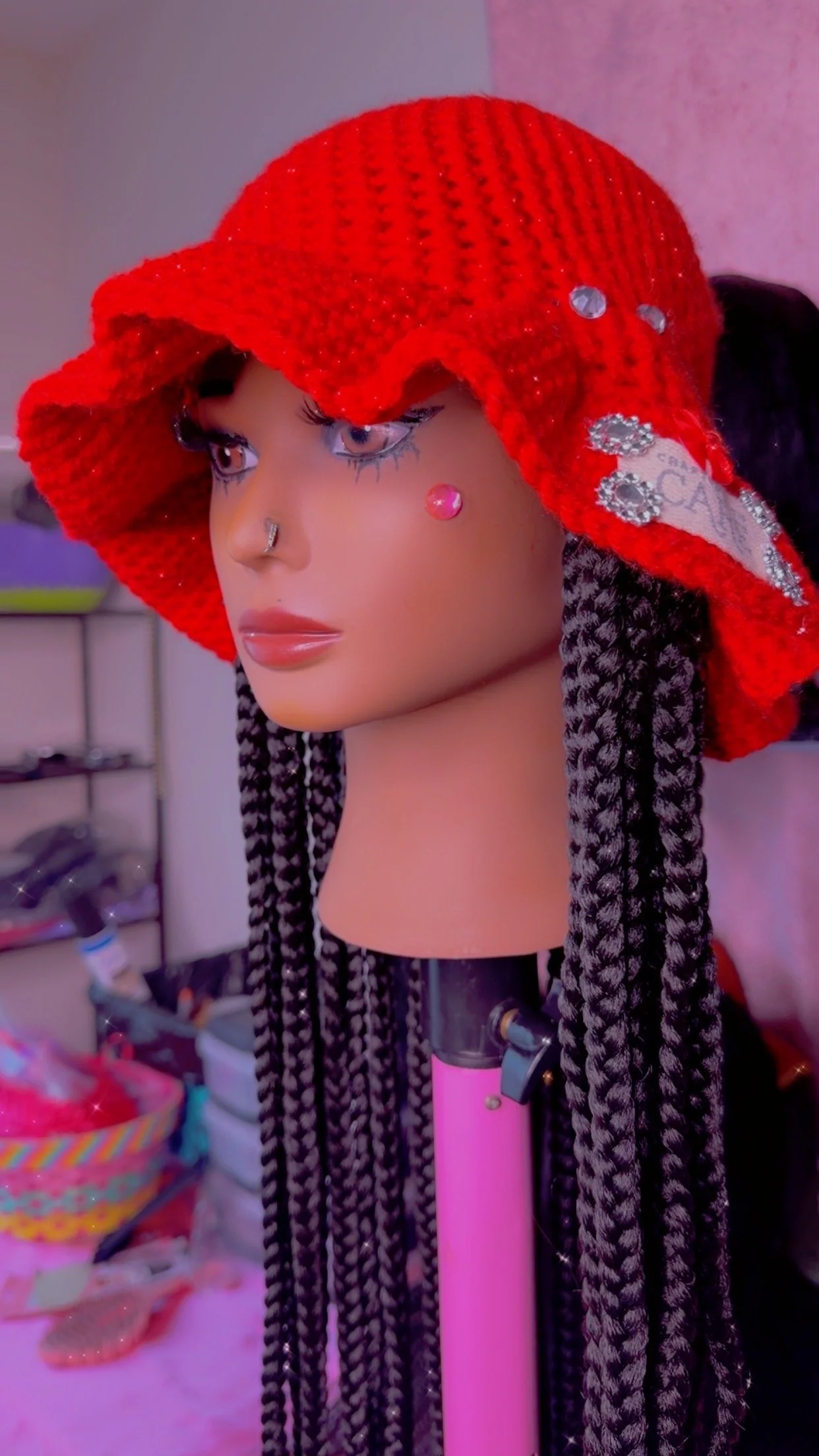 Luxurious Handmade Crochet Hat Wig | Braided Hair | Custom Bedazzled Detail | Tangle-Free Hair | One-of-One