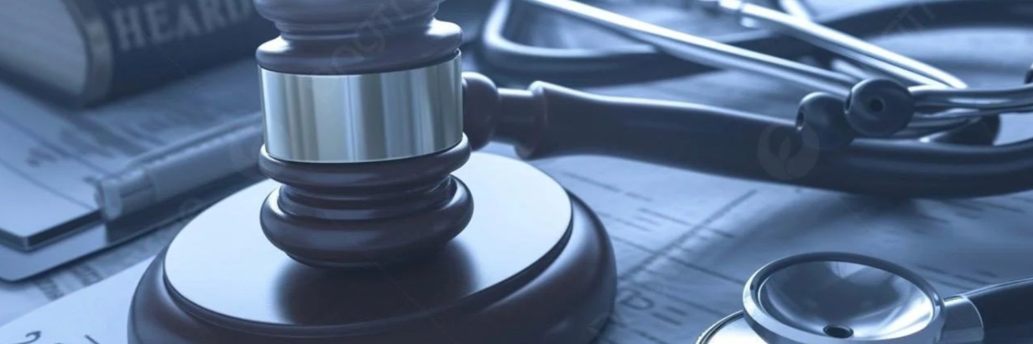 Close-up of a judge's gavel on a desk with a stethoscope and medical books nearby.