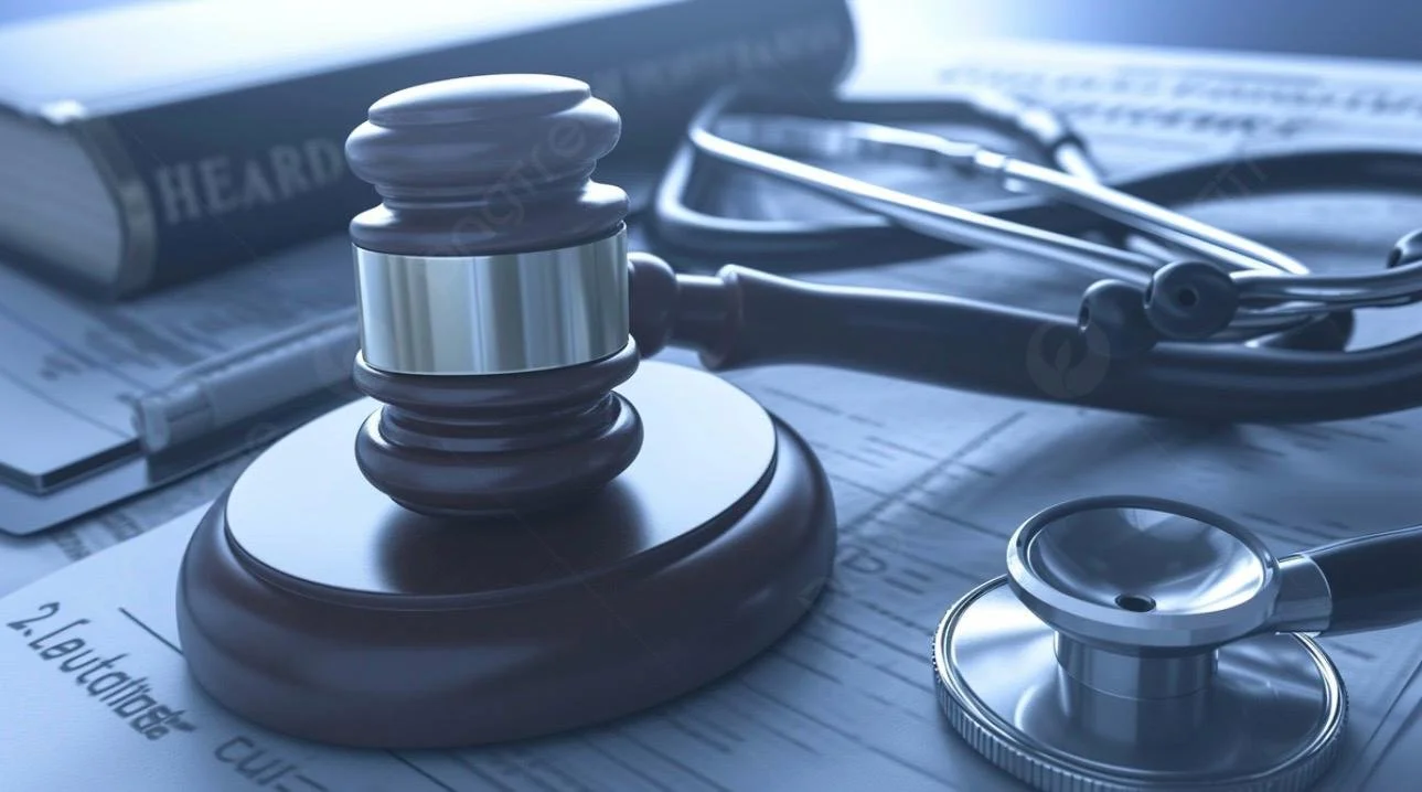 A wooden gavel, a stethoscope, and medical documents on a desk.