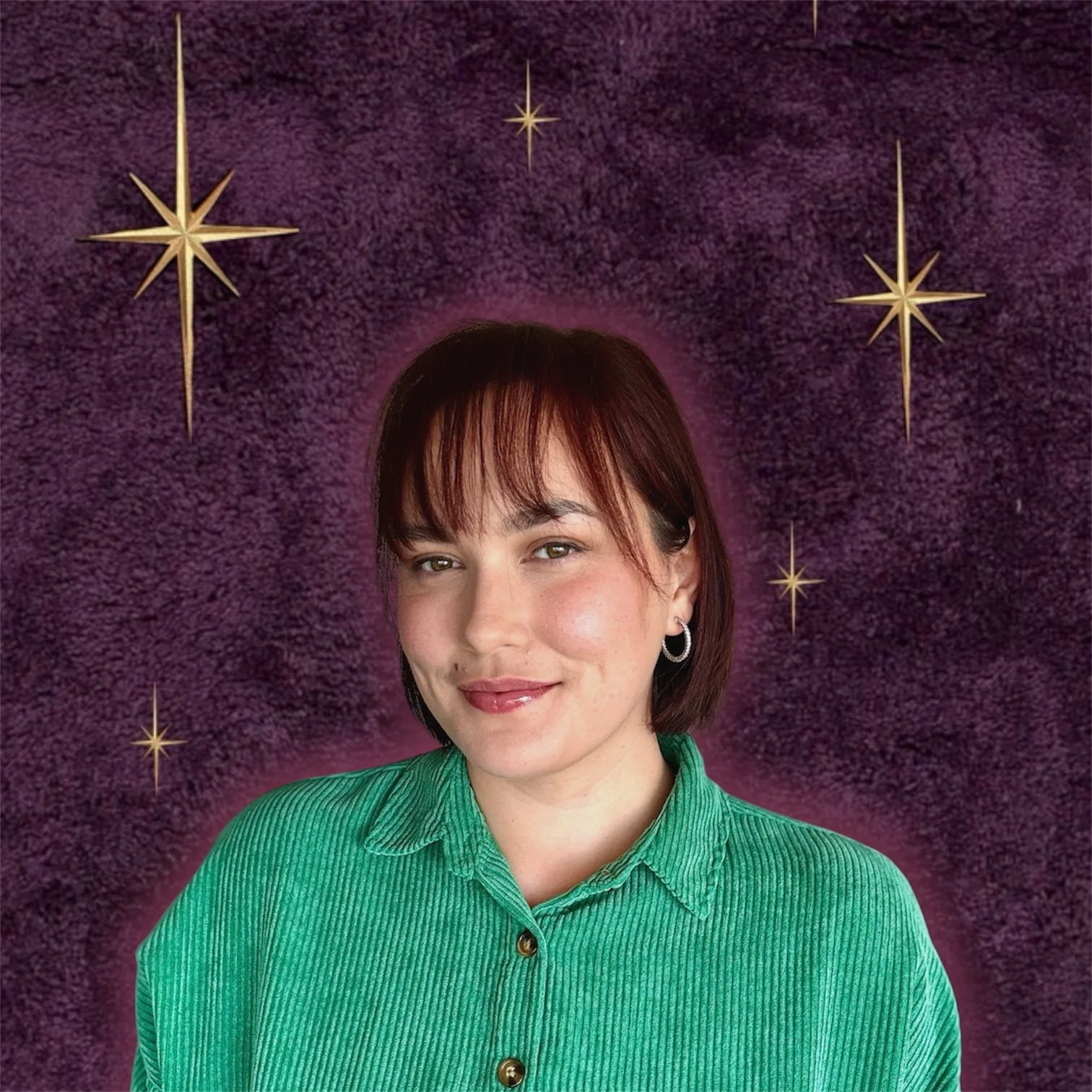 Young woman with short brown hair, wearing a green button-up shirt with a background featuring a dark purple texture and golden star illustrations.