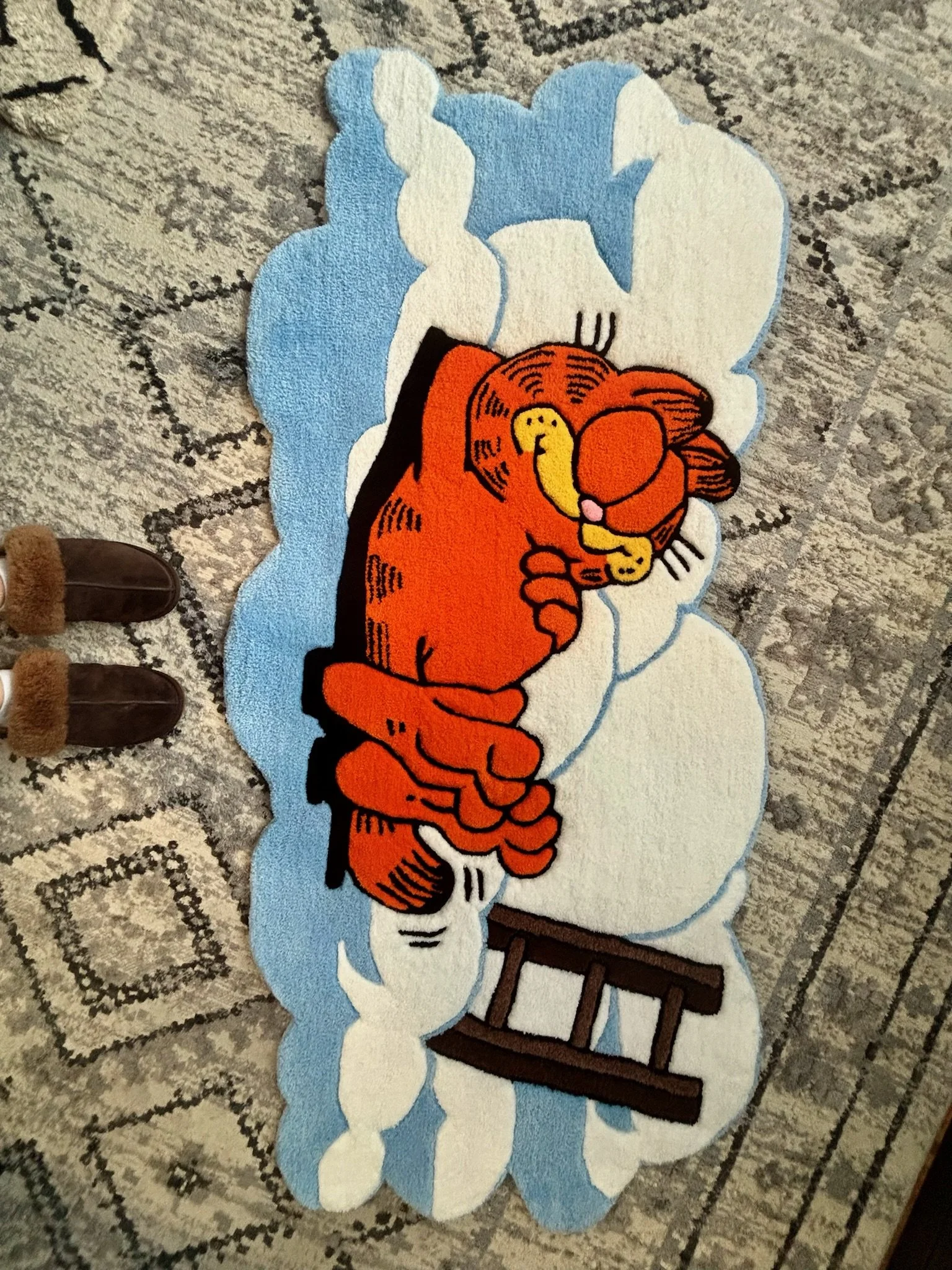 A cartoon-style plush rug featuring Garfield the cat sleeping on a snowy cloud, with a wooden sled nearby against a patterned carpet